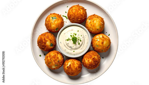 Wallpaper Mural A top-down shot of a plate with breaded, round appetizers encircling a dipping sauce Torontodigital.ca