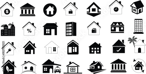 Diverse collection of 28 minimalist real estate icons featuring house styles, bank buildings, industrial factories, and financial symbols like dollar and percentage signs.