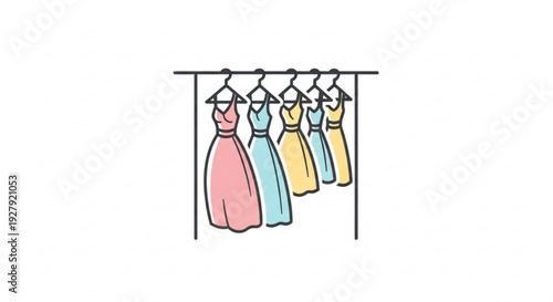 Colorful evening gowns hang on a rack in a fashion store or closet with pink blue and yellow dresses