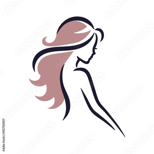 Logotipo de salón de belleza. Dibujo sencillo con líneas de mujer desnuda con cabello con ondas 