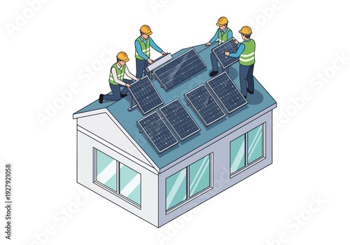 Team of workers installing solar panels on a residential house roof, promoting renewable energy and sustainability
