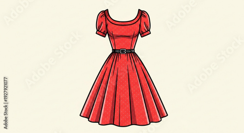 Vibrant red short sleeved dress with puffed sleeves and black belt elegant fashion illustration on cream background