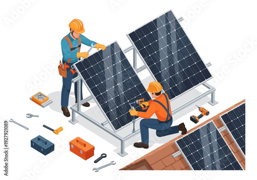 Installation of solar panels on the roof by workers in protective helmets with tools, close-up view