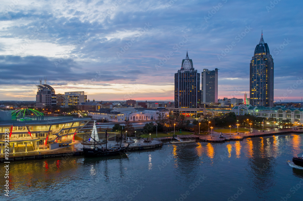 Fototapeta premium Aerial view of Mobile, Alabama at twilight