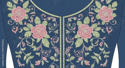 Navy blue long sleeved shirt with intricate floral embroidery on chest and gold trim