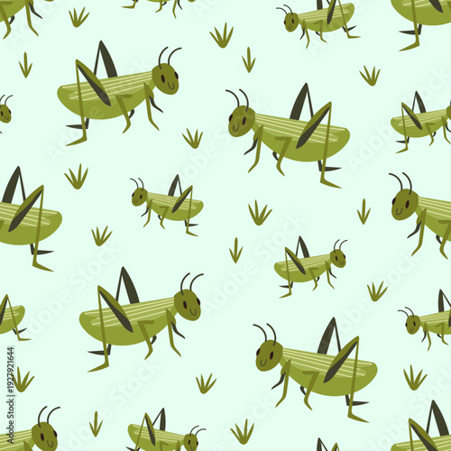 Cute vector pattern with green grasshopper on a pastel background. Seamless design for nursery, kids clothes, wallpapers, prints