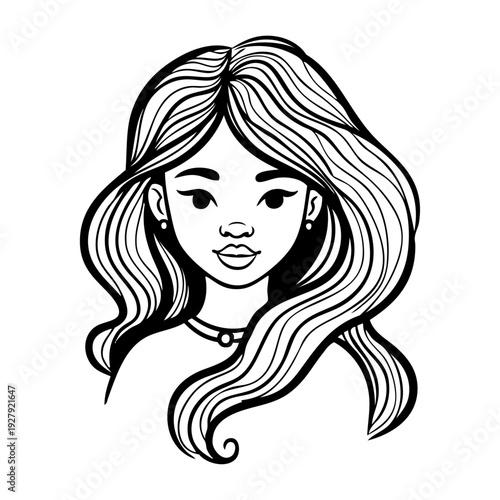 Logotipo de salón de belleza. Dibujo con líneas de cara de mujer de raza asiática con peinado con ondas