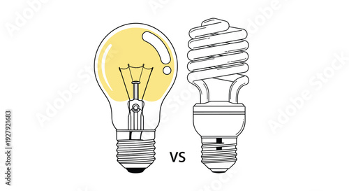 A simple line art comparison of an incandescent light bulb versus a modern, energy-saving fluorescent bulb on a white background.