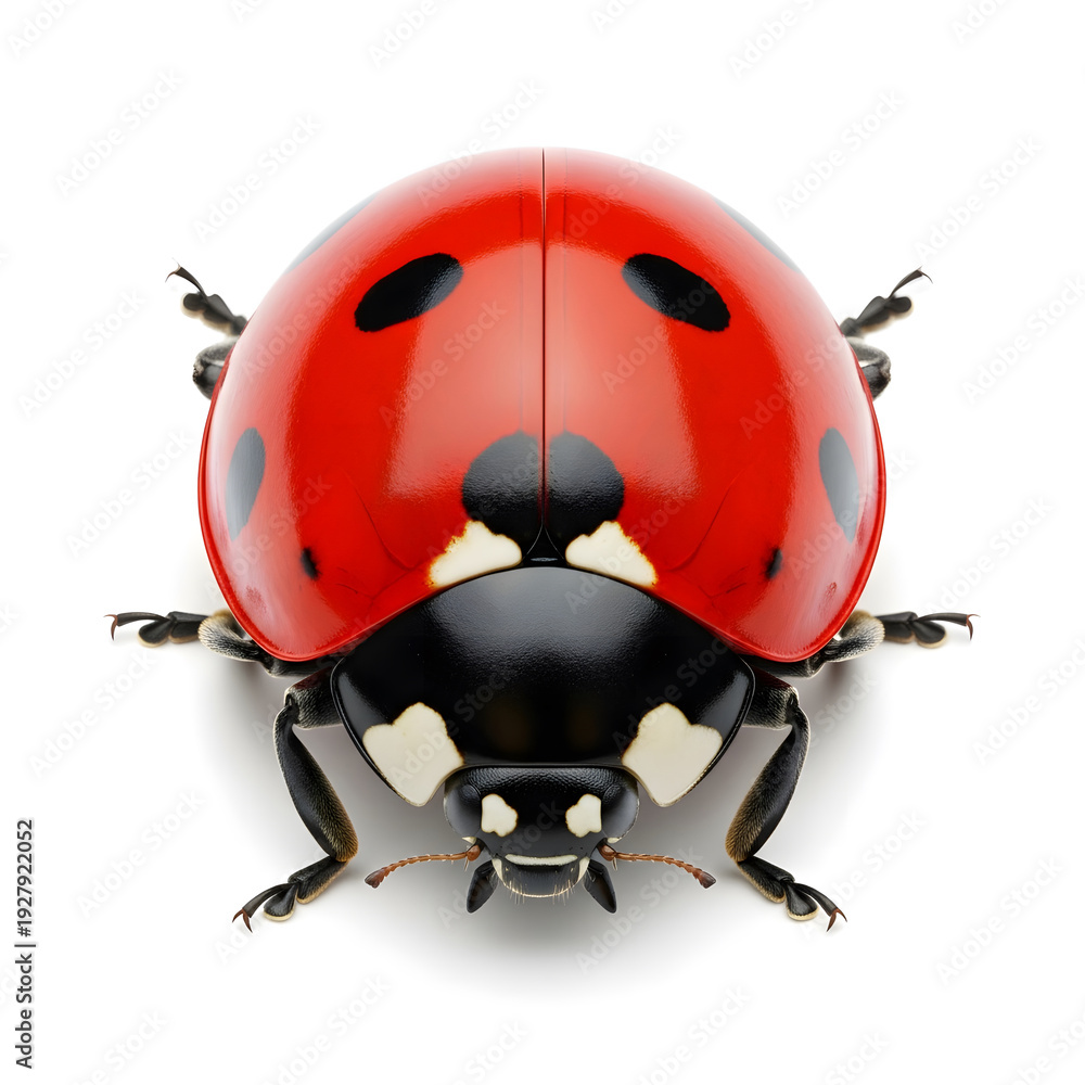 Fototapeta premium Vibrant Red Ladybug with Black Spots Isolated on a Pure White Background, Top View