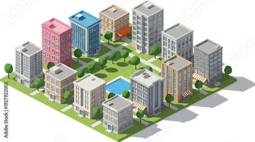 Colorful apartment buildings with trees and a swimming pool in a residential area colorful buildings