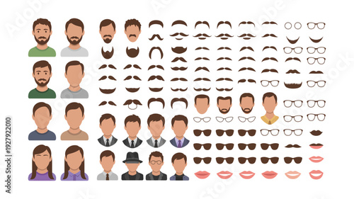 Male and Female Avatar Creator Kit Vector Set. Customizable Faces with Hairstyles, Beards, Mustaches, Glasses and Lips Collection for Character Design. Editable Elements. Vector Illustration.