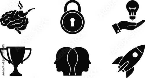 Six icons representing brain creativity success security teamwork and innovation ideas