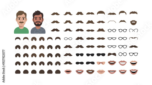 Men’s Facial Hair and Accessories Avatar Creator Vector Set. Mustache, Beard, Glasses, Hairstyles and Lips Collection for Custom Male Character Design.