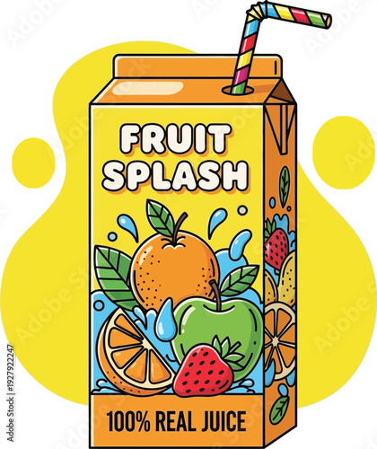 Colorful cartoon juice carton with fruit and straw orange 1