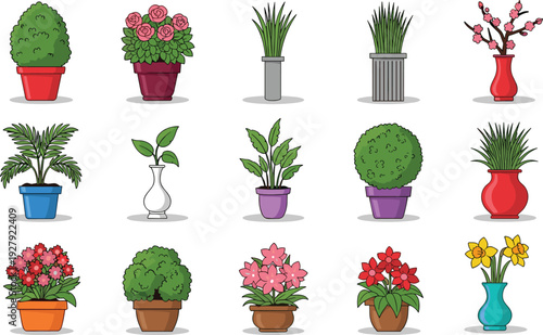 Colorful potted plants and flowers in various containers arranged in a grid pattern vases pots green