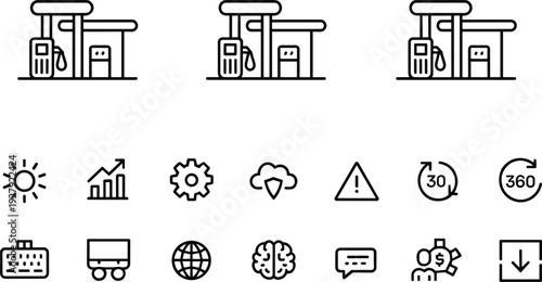 Gas station icons set, fuel pump, canopy, mixed symbols, analytics, security, transport, communication, business, vector illustration, black line