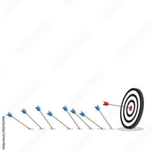 Business challenge failure and success concept. Blue arrows missed hitting target and only red one hits the center.	