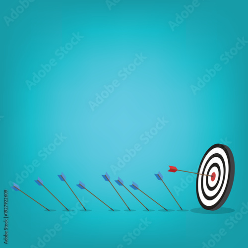Business challenge failure and success concept. Blue arrows missed hitting target and only red one hits the center.	