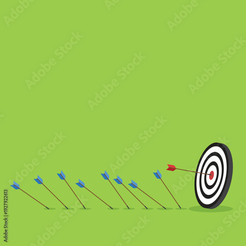 Business challenge failure and success concept. Blue arrows missed hitting target and only red one hits the center.	
