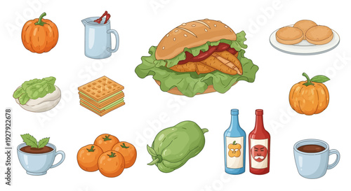 Assorted food and drink items including sandwiches, pumpkins, and beverages.