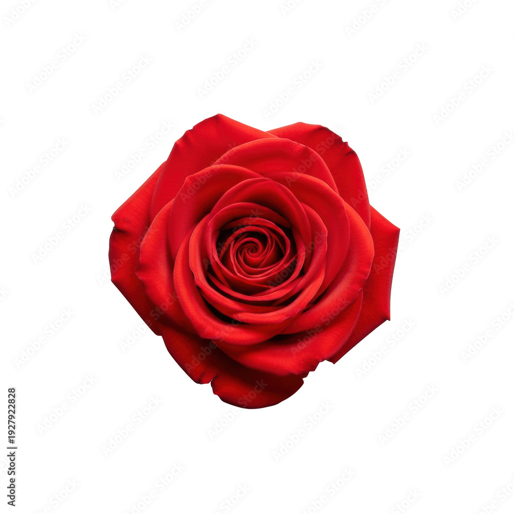 Naklejka premium Ultra realistic uhd photograph of a single vibrant red rose in full bloom with dewy petals and exquisite detail, centered on a uniform transparent studio background, concept for luxury botanical