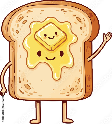 Smiling slice of toast with butter on white background cartoon anthropomorphic 1