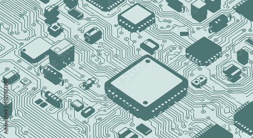 Detailed illustration of computer microchip and circuit board components.