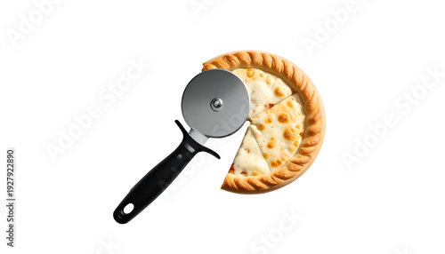 A cheese pizza, partially sliced, with a pizza cutter on a black background
