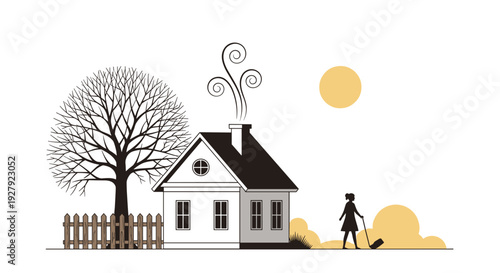 A minimalist black and white illustration of a cozy house with a bare tree, a fence, and a woman sweeping leaves in autumn.