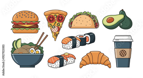 Assorted international fast food and takeaway dishes.