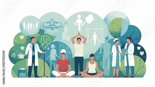 Healthcare professionals and patients practicing yoga and wellness in a serene natural environment with a calming atmosphere and soothing green hues