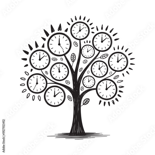 A whimsical black and white illustration depicts a tree with roses for blossoms and miniature farm equipment nestled within