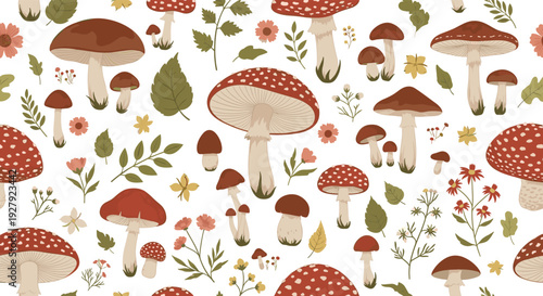 A charming seamless pattern of red and white toadstool mushrooms, leaves, and flowers, perfect for an autumn or cottagecore design.
