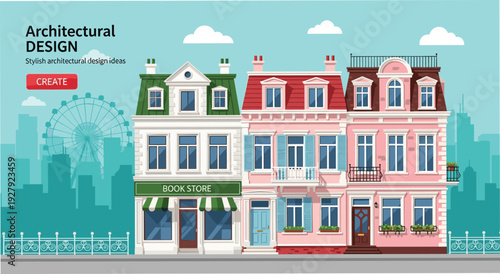 Colorful row of buildings with a bookstore and ferris wheel in the background architectural colorful