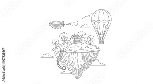 Whimsical Floating Island with Hot Air Balloon and Airship.