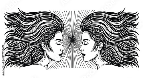 A striking black and white illustration of two symmetrical female faces with flowing hair, creating a mystical and esoteric vibe.