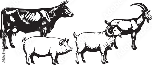 farm animal silhouette collection cow pig sheep goat.