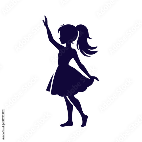 Logotipo de boutique de moda femenina. Dibujo sencillo con la silueta de una chica joven con el brazo levantado con un vestido, vista de perfil 