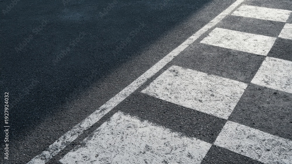 Obraz premium The Checkered Finish Line Painted on Weathered Asphalt at Outdoor Racing Track