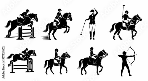 Black silhouette collection of equestrian figures including riders, archers on horseback, and jumping poses. Clean vector style ideal for logos, emblems, sports branding, and equestrian themes.
