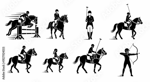 Dynamic silhouette illustration set combining horseback riding and mounted archery poses. Strong black vector graphics suitable for sports branding, historical themes, and logo design.