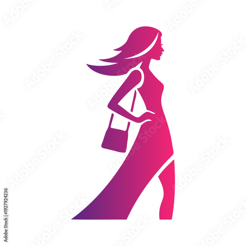 Logotipo de boutique de moda femenina. Dibujo sencillo con la silueta de una mujer con un bolso y un vestido de color violeta, vista de perfil 