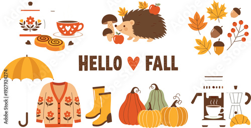 Hello Fall Autumn Elements Collection with Pumpkins, Hedgehog, Leaves, Sweater, Boots and Coffee Cozy Seasonal Vector Illustration
