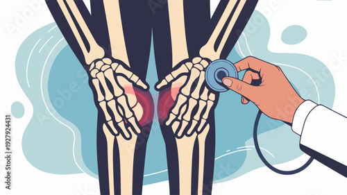 Doctor examining knee pain with stethoscope on skeletal illustration with highlighted red area