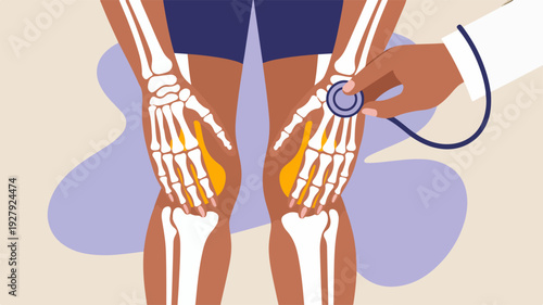 Doctor examining knee joint pain with stethoscope human skeleton medical diagnosis healthcare concept