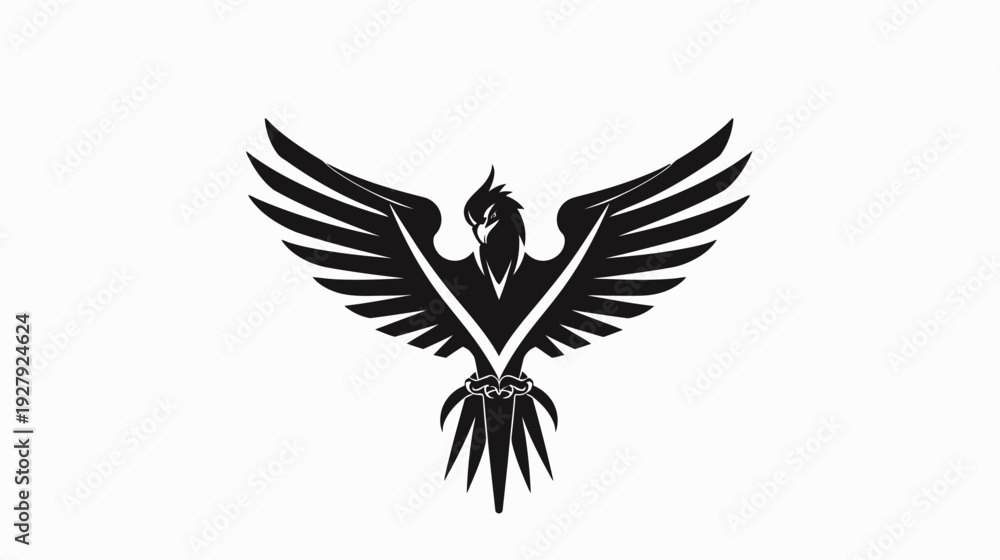 Obraz premium Black phoenix illustration with wings spread against a white backdrop design