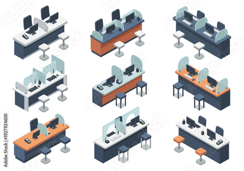 Isometric set of corporate furniture including call center desks, open office workstations, and modern customer support counters