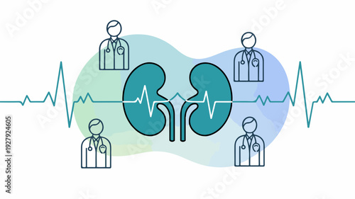 Kidney health concept with human figures and ecg line on blue green background