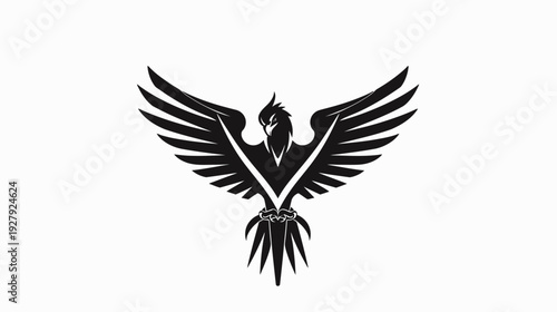 Black phoenix illustration with wings spread against a white backdrop design