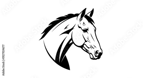 Elegant black and white horse head illustration against a clean white background
